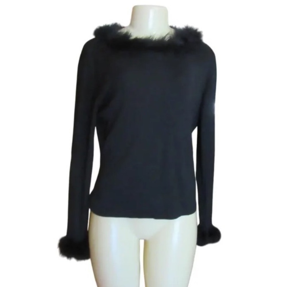 Vintage Cache Black Silk Blend Faux Fur Trim Boat Neck Sweater Large